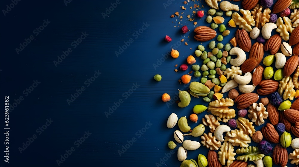 Colorful array of dry fruits and nuts on a dark blue background. Hazelnuts, macadamia, pine nuts, pistachios, walnuts, pecan nuts. Created with Generative AI Technology.  - obrazy, fototapety, plakaty 