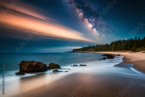 Tropical beach background with starry night sky. Beautiful scratches keep the mystery above the ocean