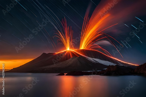 Landscape volcano mountain spewing hot lava creates dazzling sparks of fireworks. Reflecting huge mountain on calm water