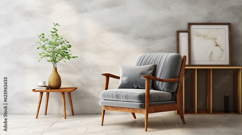 Fototapeta premium Wooden shelf unit and gray armchair interior design of modern living room generative ai