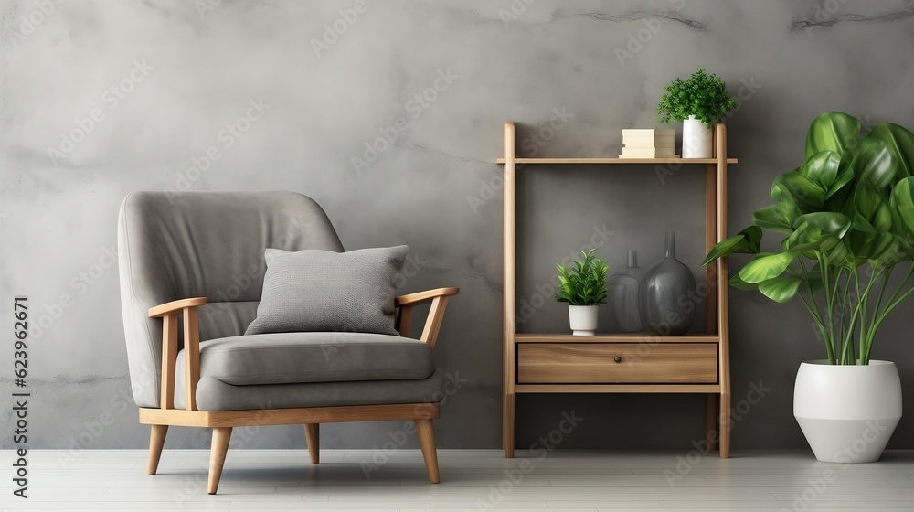 Wooden shelf unit and gray armchair interior design of modern living room generative ai Wooden shelf unit and gray armchair interior design of modern living room generative ai