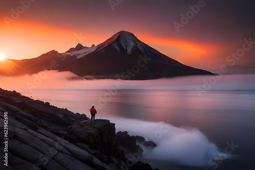 Standing person at the end of a beautiful cliff. Overlooking the vast sea of ​​clouds before sunrise over the mountain
