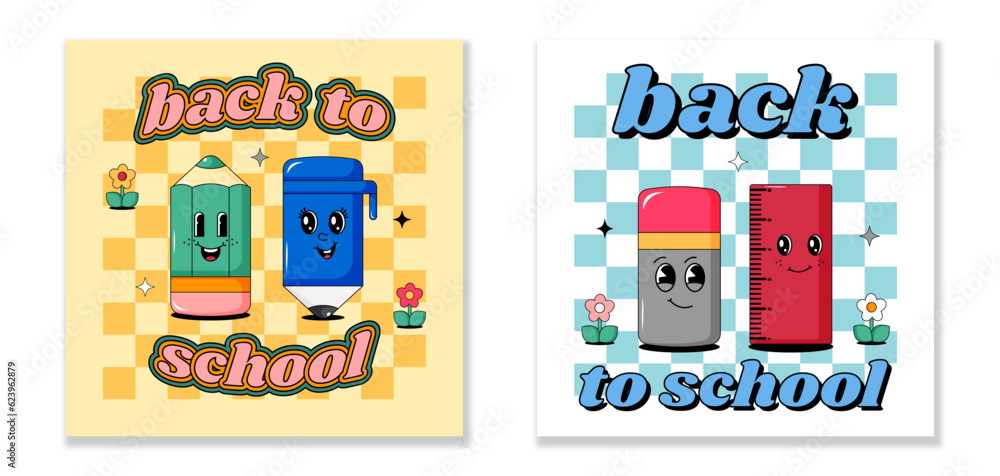 Back to school cartoon characters in retro groovy 70s style. Pencil, pen, eraser and ruler. Set od design for poster, banner anf flyer. Contemporary vector illustration.