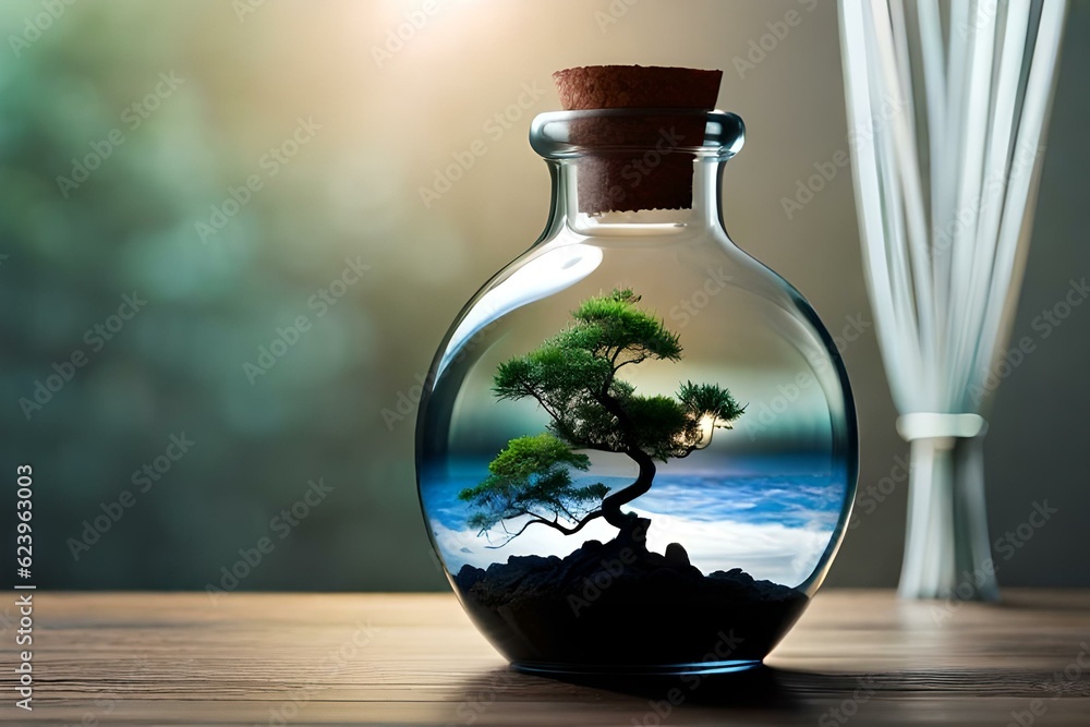 a long bonsai inside the terrarium and clouds showering heavy rain a long bonsai inside the terrarium and clouds showering heavy rain