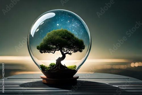 a star galaxy and bonsai inside the drop shape terrarium , looking superstitious 