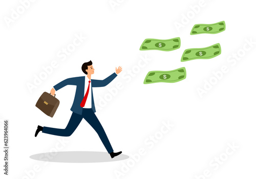Greedy businessman running after money in flat design on white background.