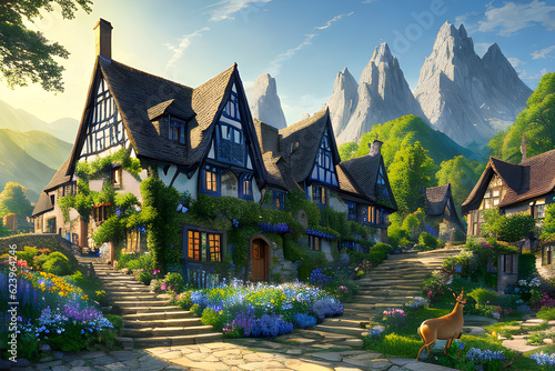 a-fantasy-medieval-house-aesthetic-small-village-beautiful-flower-pots-blue-sky-scenery GenerationAI photo