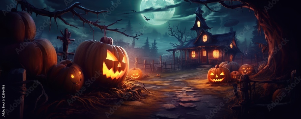 Illustration of Halloween Backdrop, Pumpkins In Graveyard In The Spooky Night, Generative AI Illustration of Halloween Backdrop, Pumpkins In Graveyard In The Spooky Night, Generative AI