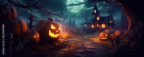 Illustration of Halloween Backdrop, Pumpkins In Graveyard In The Spooky Night, Generative AI