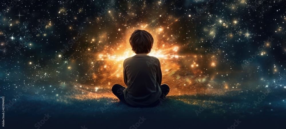 Illustragion of beautiful scenery showing the young boy girl among glowing planets and star in the night sky, dreaming or hope concept, Generative AI