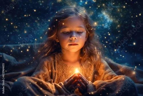 Illustragion of beautiful scenery showing the young boy girl among glowing planets and star in the night sky, dreaming or hope concept, Generative AI