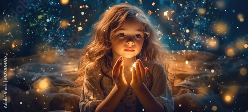 Illustragion of beautiful scenery showing the young boy girl among glowing planets and star in the night sky, dreaming or hope concept, Generative AI © tonstock