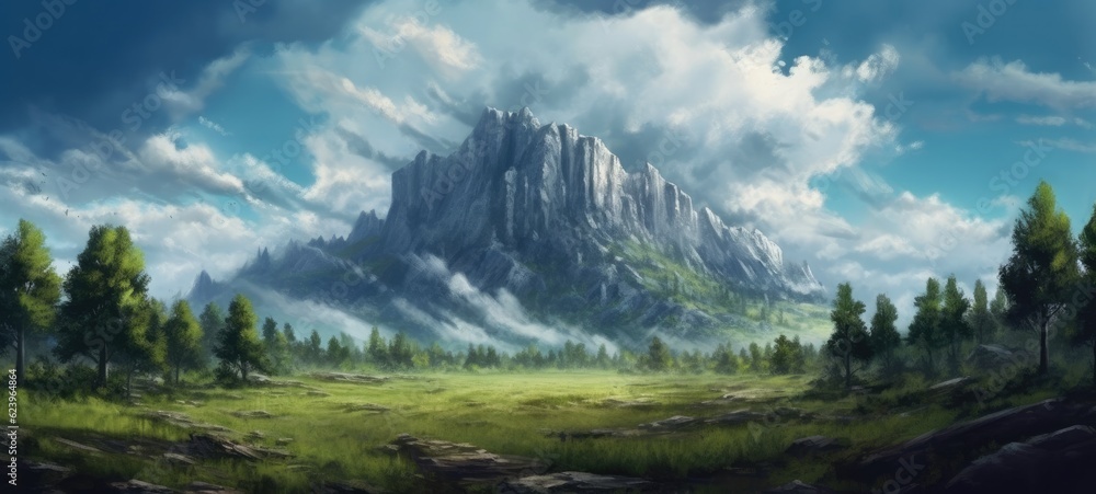 illustration of panorama of beautiful forest landscape in mountains. grassy field and rolling hills. rural scenery, Generative AI