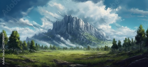 illustration of panorama of beautiful forest landscape in mountains. grassy field and rolling hills. rural scenery, Generative AI