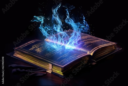 Fényképezés Illustration of magic book with glows in the darkness, Generative AI