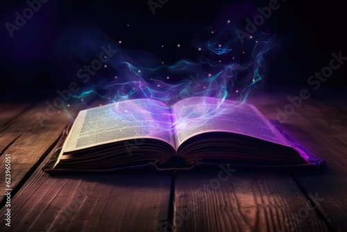 Illustration of magic book with glows in the darkness, Generative AI © tonstock