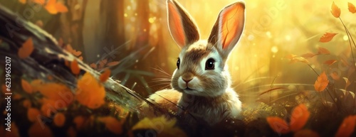 cute rabbit in a spring forest scene, generative ai © tonstock