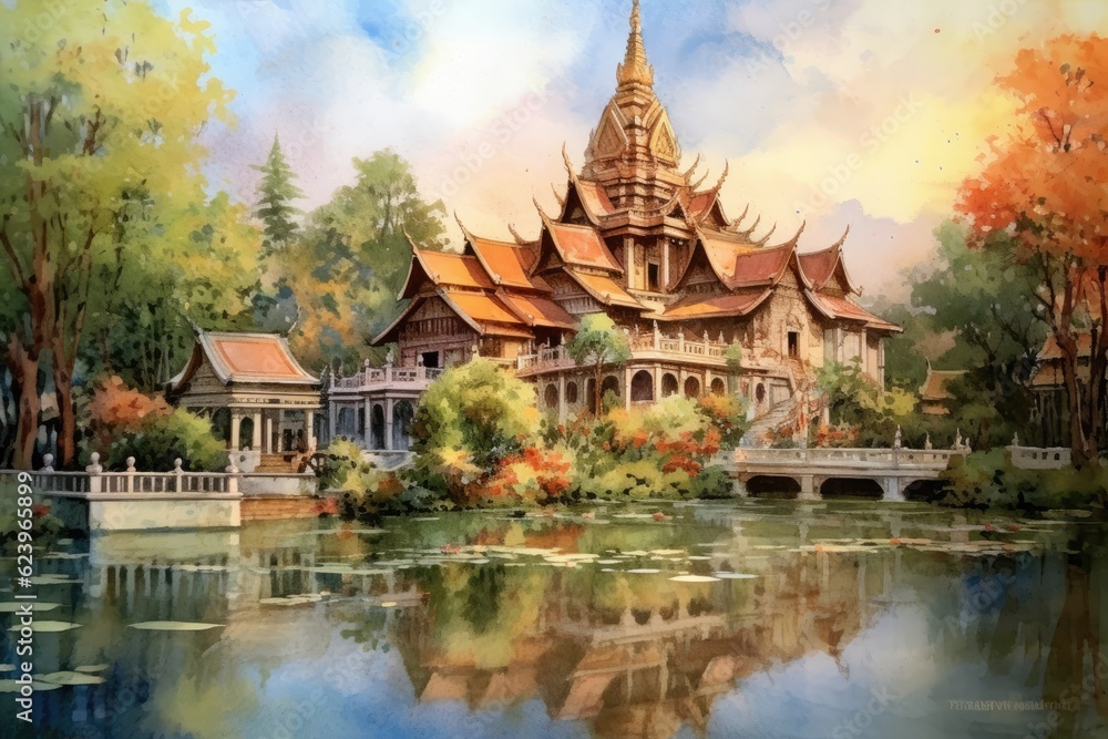 Fototapeta premium Illustration of painting watercolor seascape, vacation and tourism in summery, Generative AI