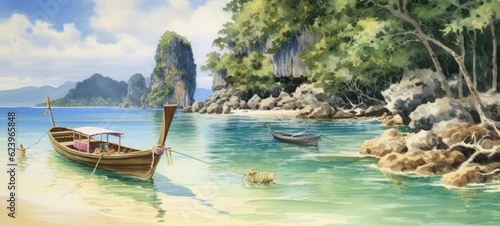 Illustration of painting watercolor seascape, vacation and tourism in summery, Generative AI