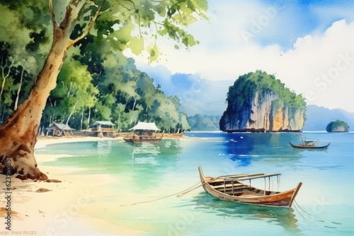 Illustration of painting watercolor seascape, vacation and tourism in summery, Generative AI