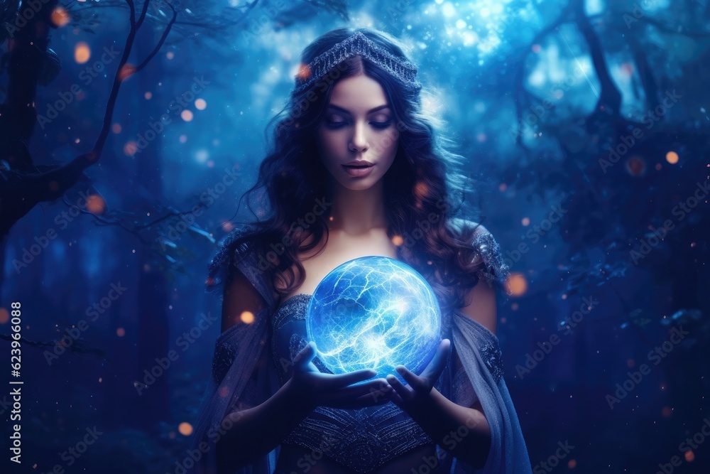 Illustration of fairy woman with an magic ball, Generative AI