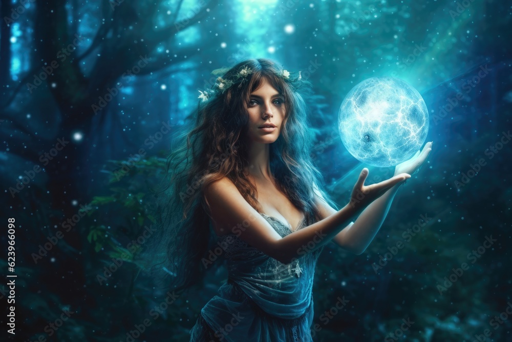 Naklejka premium Illustration of fairy woman with an magic ball, Generative AI