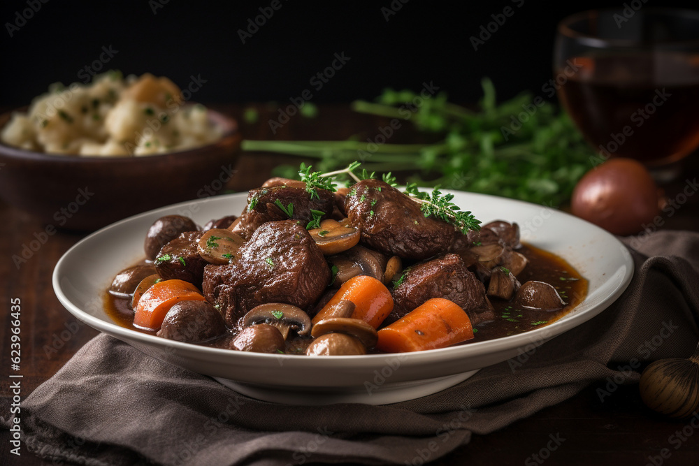 A plate of beef and vegetable stew generative AI A plate of beef and vegetable stew generative AI