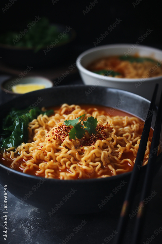 A bowl of spicy noodle soup generative AI A bowl of spicy noodle soup generative AI