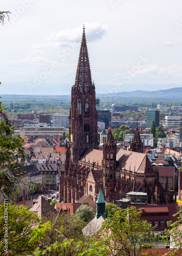 View over Freiburg Minster from slope of Schlossberg Hill. The cathedral was founded around 1200 and completed in 1330