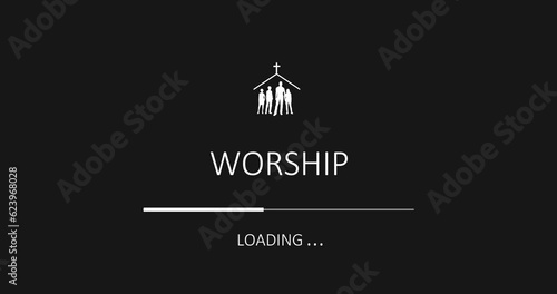 Church family, community worship unity symbol. Man and woman under roof with cross. Progress or loading bar.