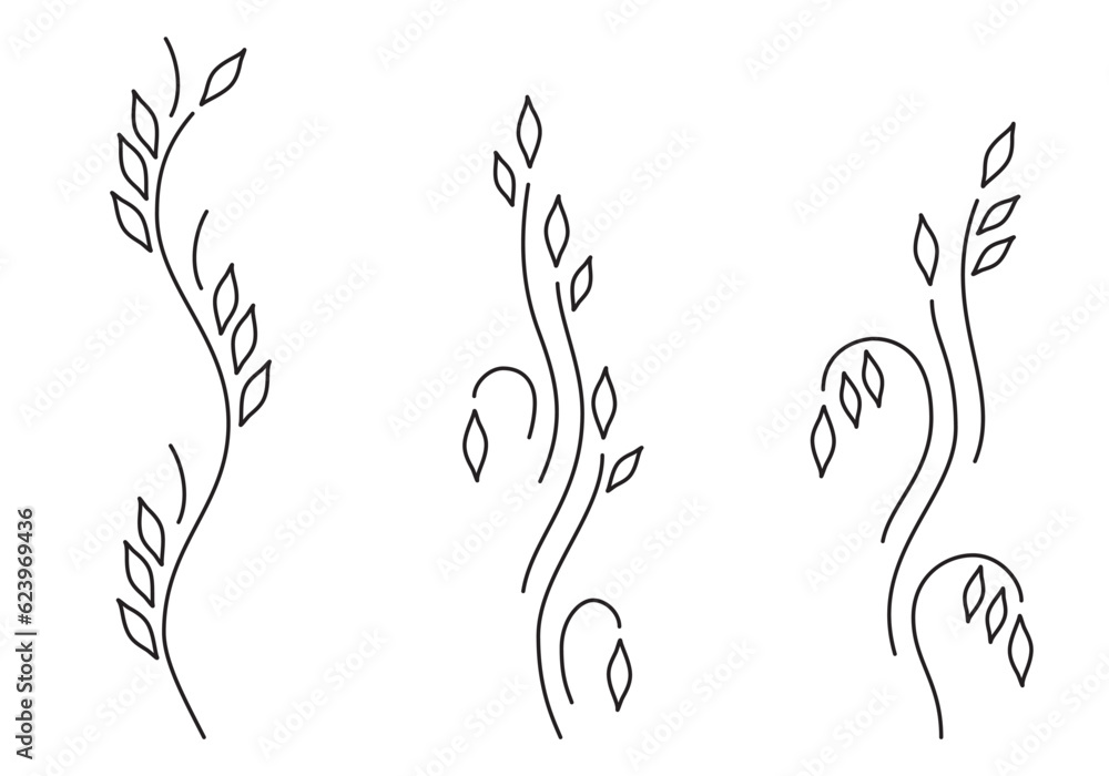 Vines collection isolated on white background. Line art style. Stylized beautiful plants silhouette for logo, eco design, organic decor, embroidery, border or other use. Vector illustration. Set.