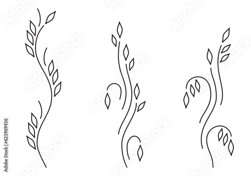 Vines collection isolated on white background. Line art style. Stylized beautiful plants silhouette for logo, eco design, organic decor, embroidery, border or other use. Vector illustration. Set.