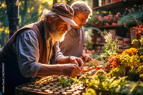 A happy retired couple are engaged in organic farming on their plot. Generative AI © ЮРИЙ ПОЗДНИКОВ