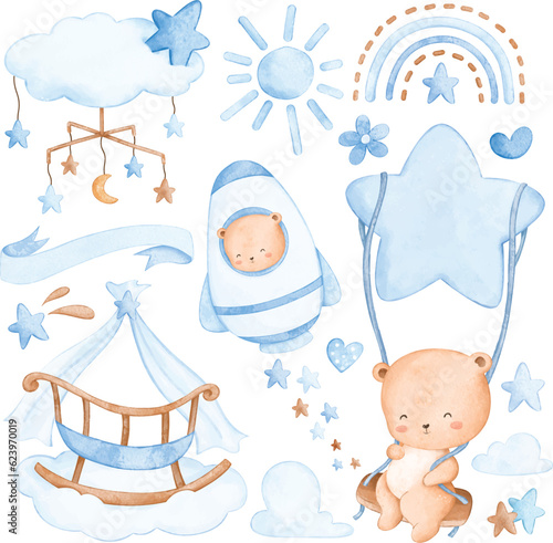 Watercolor illustration set of cute nursery clipart for baby boy
