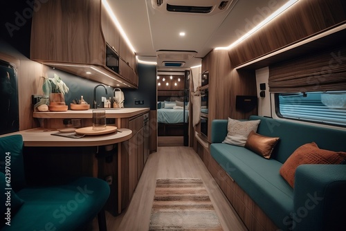 Cosy wood Interior of motor home camping car, furnishing decor of salon area, comfortable modern caravan house design. Relaxation areas for road travel. Travelling entertainment concept. Generative AI