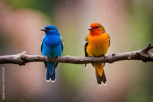 blue and yellow birds on branch