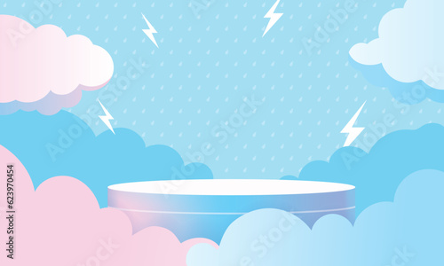 Sky podium for products display presentation with clouds, raindrops and lightning. Vector illustration