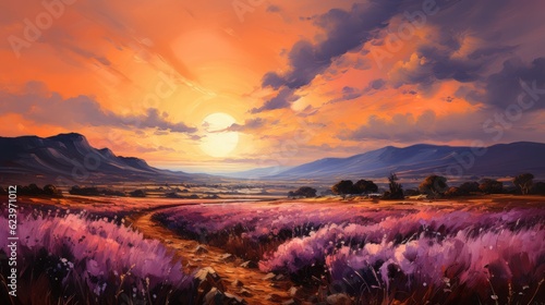 A beautiful countryside full of purple flowers  concept art  digital illustration