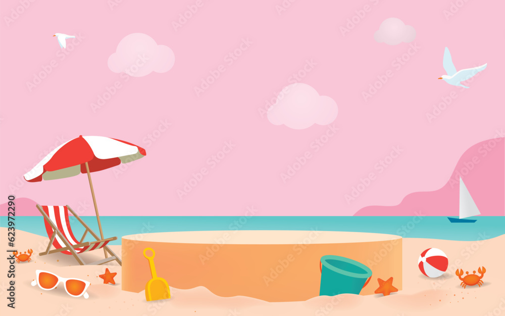 Summer beach podium for product display on pink background. Beach umbrellas, beach chairs, sunglasses, starfish. Vector illustration.