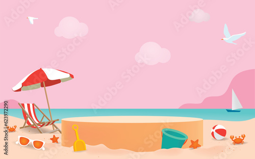 Summer beach podium for product display on pink background. Beach umbrellas, beach chairs, sunglasses, starfish. Vector illustration.