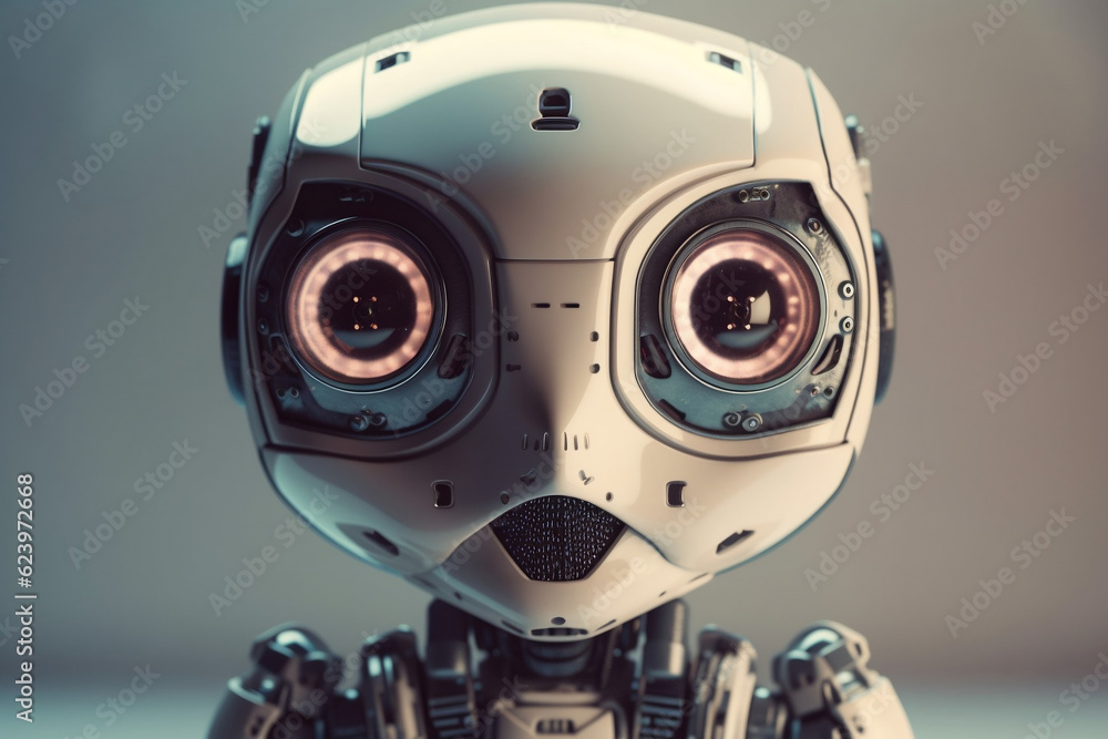 Curious friendly robot looking into the camera. Robot's face with big eyes look at front. Futuristic AI robotic humanoid machine, artificial intelligence technology concept. Generative AI Technology. Curious friendly robot looking into the camera. Robot's face with big eyes look at front. Futuristic AI robotic humanoid machine, artificial intelligence technology concept. Generative AI Technology.