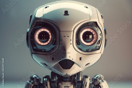Curious friendly robot looking into the camera. Robot's face with big eyes look at front. Futuristic AI robotic humanoid machine, artificial intelligence technology concept. Generative AI Technology. © Valeriia