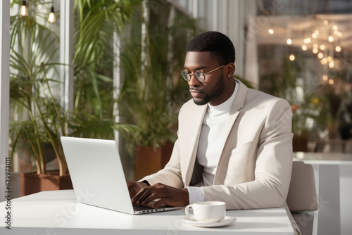 Black businessman working on the laptop and coffee cup in the office