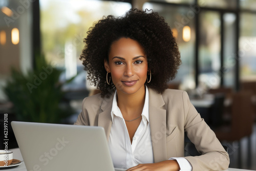 Modern African American businesswoman using laptop in white office