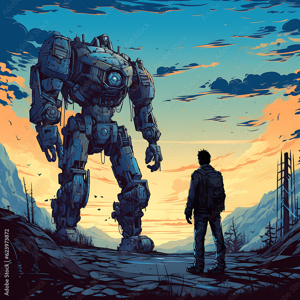 The robot stares at a man The robot stares at a man