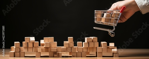 hand placing shopping cart icon in wooden blocks