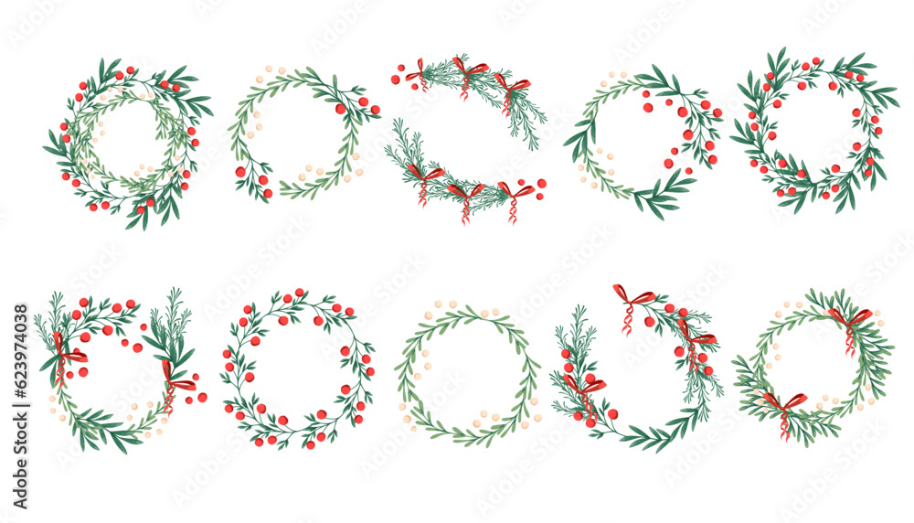 Set of Merry Christmas wreath mistletoe with red berries vector illustration isolated on white background