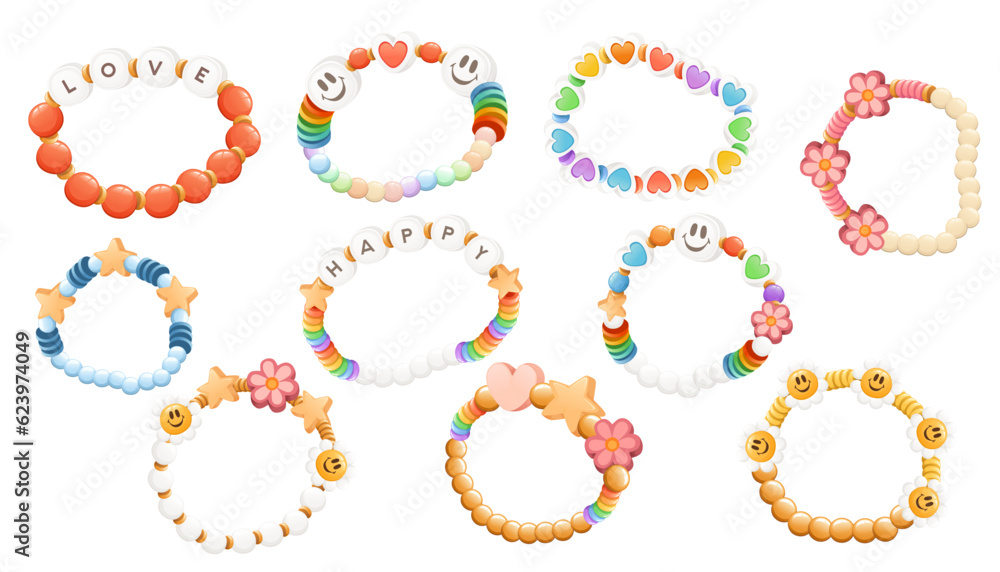 Set of colorful funky bracelet from bright plastic beads vector illustration isolated on white background - obrazy, fototapety, plakaty 