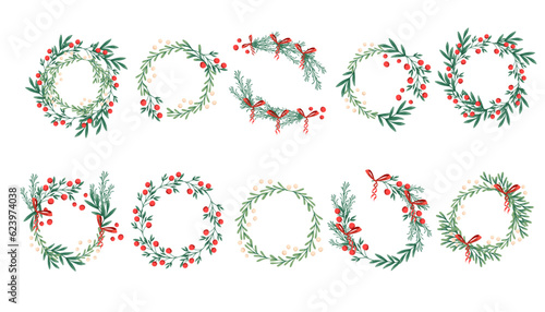 Set of Merry Christmas wreath mistletoe with red berries vector illustration isolated on white background