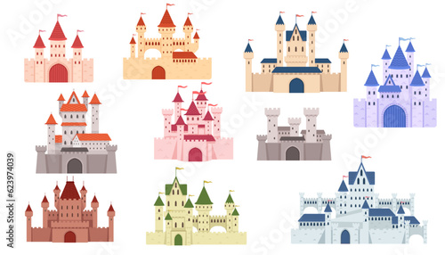 Fantasy medieval stone castle with towers gate and flags bright colorful style vector illustration isolated on white background